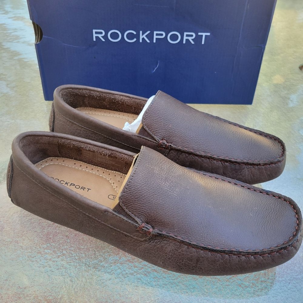 NEW ROCKPORT LEATHER DRIVERS BROWN SLIP ON PREPPY LOAFERS 7 1/2 MENS 7.5 BOX NWT